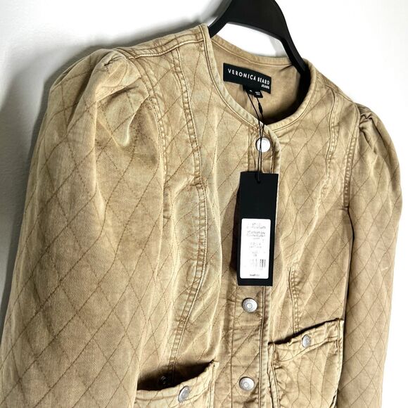 New  Veronica Beard Camilla Quilted Jacket Tan Sierra  XS  Puff Sleeve - Picture 4 of 12